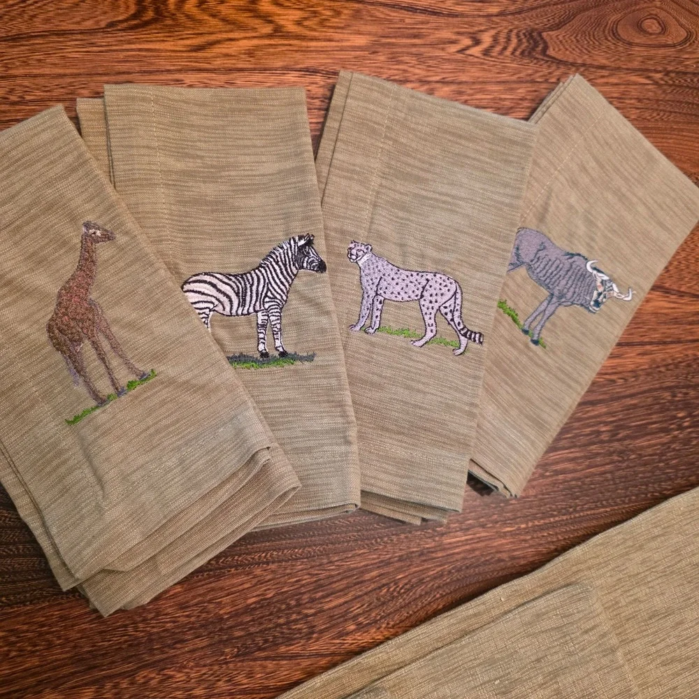 African Safari Embroidered Placemats & Napkins Set of 8 Sage Green Giraffe Zebra